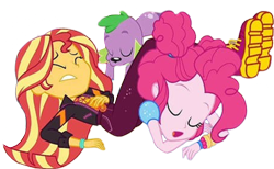 Size: 4086x2520 | Tagged: safe, edit, edited screencap, editor:homersimpson1983, screencap, pinkie pie, spike, sunset shimmer, dog, human, equestria girls, g4, background removed, female, male, not a vector, simple background, transparent background, trio