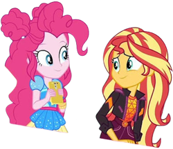 Size: 2918x2520 | Tagged: safe, edit, edited screencap, editor:homersimpson1983, screencap, pinkie pie, sunset shimmer, human, equestria girls, g4, background removed, cute, diapinkes, duo, female, music festival outfit, not a vector, shimmerbetes, simple background, transparent background