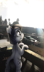 Size: 1242x2010 | Tagged: safe, artist:zedaval, oc, oc:inky noire, earth pony, balcony, beautiful, black mane, looking away, real life background, solo, white coat