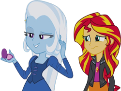 Size: 3362x2520 | Tagged: safe, edit, edited screencap, editor:homersimpson1983, screencap, sunset shimmer, trixie, human, equestria girls, g4, my little pony equestria girls: rainbow rocks, background removed, clothes, duo, female, jacket, not a vector, shirt, simple background, skirt, transparent background