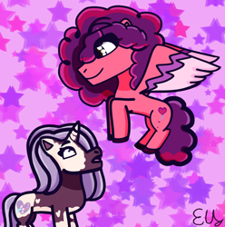 Size: 1908x1920 | Tagged: safe, artist:ekaterinats2005, ruby jubilee, violette rainbow, pegasus, pony, unicorn, g5, duo, duo female, female, filly, flying, foal, horn, looking up, mare, open mouth, smiling, spread wings, starry background, stars, tail, vitiligo, wings