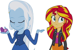 Size: 3687x2520 | Tagged: safe, edit, edited screencap, editor:homersimpson1983, screencap, sunset shimmer, trixie, human, equestria girls, g4, my little pony equestria girls: rainbow rocks, background removed, clothes, duo, female, jacket, not a vector, shirt, simple background, skirt, transparent background