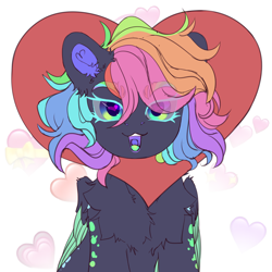 Size: 2500x2500 | Tagged: safe, artist:medkit, oc, oc only, oc:abbigail (madness of the night), original species, pegasus, pony, :3, accessory, chest fluff, coat markings, colored ear fluff, colored ears, colored eyebrows, colored eyelashes, colored lineart, colored pupils, colored tongue, colored wings, dark coat, dark sclera, ear fluff, eye clipping through hair, eyelashes, feathered wings, female, floppy ears, folded wings, front view, glowing, glowing eyes, gradient iris, half body, heart, heart eyes, heart shaped, high res, holiday, lipstick, looking at you, makeup, mare, multicolored mane, neon, neon feather, neon mane, neon rainbow, neon wings, open mouth, paint tool sai 2, partially open wings, pegasus oc, rainbow, short mane, shoulder fluff, sitting, sketch, solo, spots, three quarter view, valentine's day, wall of tags, wing fluff, wingding eyes, wings