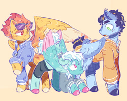 Size: 1070x850 | Tagged: safe, artist:tottallytoby, fleetfoot, soarin', spitfire, pegasus, pony, g4, :3, alternate design, blushing, chest fluff, clothes, coat markings, colored ears, colored hooves, colored wings, colored wingtips, ear fluff, female, fetlock tuft, folded wings, jacket, leaning forward, leg wraps, lidded eyes, looking at someone, looking down, looking up, male, mare, multicolored mane, orange background, raised hoof, redesign, simple background, smiling, spread wings, stallion, standing, sunglasses, tracksuit, trio, wings, wonderbolts