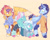 Size: 1070x850 | Tagged: safe, artist:tottallytoby, fleetfoot, soarin', spitfire, pegasus, pony, g4, :3, alternate design, blue wingtips, blushing, chest fluff, clothes, coat markings, colored ears, colored hooves, colored wings, colored wingtips, cream wingtips, ear fluff, female, fetlock tuft, folded wings, jacket, leaning forward, leg wraps, lidded eyes, looking at someone, looking down, looking up, male, mare, multicolored mane, orange background, pink wingtips, raised hoof, redesign, simple background, smiling, spread wings, stallion, standing, sunglasses, tracksuit, trio, wings, wonderbolts