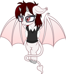 Size: 1662x1854 | Tagged: safe, artist:badumsquish, derpibooru exclusive, oc, oc only, oc:tanith, demon, demon pony, monster pony, original species, pony, succubus, succubus pony, g4, arm behind back, bashful, bat wings, bucktooth, clothes, dork, female, flirting, floppy ears, gap teeth, glasses, heart, holiday, horns, looking away, mare, meganekko, messy mane, nerd, nerd pony, red eyes, rolled up sleeves, show accurate, simple background, slit pupils, smiling, solo, spaded tail, tail, tape, transparent background, vest, wings
