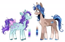 Size: 1656x1070 | Tagged: safe, artist:lutraviolet, oc, oc only, earth pony, pony, unicorn, bow, coat markings, color palette, colored eartips, colored hooves, colored horn, curly mane, curly tail, cutie mark, dot eyes, duo, ear piercing, earring, earth pony oc, facial markings, glasses, horn, jewelry, multicolored mane, multicolored tail, piercing, ponysona, simple background, socks (coat markings), splotches, standing, stripe (coat marking), tail, tail bow, unicorn oc, white background