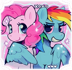Size: 2000x1936 | Tagged: safe, artist:cupidcry, pinkie pie, rainbow dash, earth pony, pegasus, pony, g4, blushing, duo, duo female, female, heart, holding, hug, lesbian, looking at you, mare, ship:pinkiedash, shipping, smiling, sparkles, wing arms, wingding eyes, winghug, wings