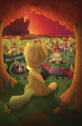Size: 4400x6800 | Tagged: safe, alternate version, artist:sol-r, applejack, pony, g4, the last problem, absurd resolution, canterlot, clothes, end of ponies, facing away, female, granny smith's shawl, older, older applejack, ponyville, ponyville town hall, rear view, scarf, sitting, solo, tree, windmill