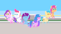 Size: 1920x1080 | Tagged: safe, artist:carrotorangelight, hitch trailblazer, izzy moonbow, misty brightdawn, pipp petals, sunny starscout, zipp storm, alicorn, earth pony, pegasus, pony, unicorn, g5, female, male, mane five, mane six (g5), maretime bay, outdoors, pointy ponies, race swap, rebirth misty, sunnycorn