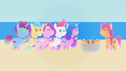 Size: 1920x1080 | Tagged: safe, artist:carrotorangelight, hitch trailblazer, izzy moonbow, misty brightdawn, pipp petals, sunny starscout, zipp storm, earth pony, pegasus, pony, unicorn, g5, beach, eating, female, food, fruit salad, herbivore, hoof hold, male, mane five, mane six (g5), ocean, outdoors, pointy ponies, rebirth misty, salad, water