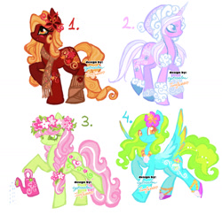 Size: 1514x1470 | Tagged: safe, artist:eyerealm, artist:junglicious64, oc, oc only, oc:autumn, oc:spring, oc:summer, oc:winter, earth pony, pegasus, unicorn, adoptable, blushing, braid, clothes, coat markings, colored wings, colored wingtips, cutie mark, earth pony oc, eyeliner, eyeshadow, floral head wreath, flower, flower in hair, hat, holding, horn, jewelry, makeup, multicolored mane, multicolored tail, necklace, open mouth, open smile, pegasus oc, ponytail, raised hoof, scarf, shoes, simple background, smiling, socks, spread wings, standing, tail, unicorn oc, watering can, white background, wings