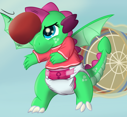 Size: 3300x3032 | Tagged: safe, artist:sweetielover, oc, oc only, oc:goldigony, dragon, g4, basket, buckball, buckball uniform, clothes, diaper, female, female symbol, flying, freckles, heart freckles, high res, magic, shirt, sky, solo, spread wings, t-shirt, telekinesis, wings