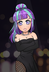 Size: 1795x2621 | Tagged: safe, artist:bubblegooey, starlight glimmer, human, g4, alternative cutie mark placement, antagonist, black dress, blurry background, blush lines, blushing, classy, clothes, crossed arms, cute, cutie mark tattoo, dress, evil smile, eyebrows, eyeshadow, fangs, female, fishnet stockings, gloves, grin, humanized, jewelry, lidded eyes, light skin, lipstick, looking at you, makeup, multicolored hair, necklace, pantyhose, pearl necklace, ponytail, s5 starlight, shoulder cutie mark, signature, smiling, smug, smuglight glimmer, snaggletooth, solo, spotlight, standing, tattoo