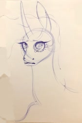 Size: 1490x2219 | Tagged: safe, artist:midnightmoon1986, princess celestia, alicorn, pony, g4, bust, eye reflection, female, horn, implied princess luna, mare, mare in the moon, moon, portrait, reflection, sad, solo, traditional art