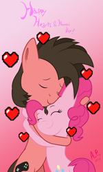 Size: 1772x2953 | Tagged: safe, artist:ace play, pinkie pie, oc, oc:ace play, earth pony, pony, g4, bipedal, canon x oc, dock, duo, earth pony oc, eyes closed, facial hair, female, goatee, gradient background, heart, hearts and hooves day, hug, male, mare, pinkieplay, shipping, smiling, stallion, straight, tail, vector