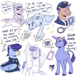 Size: 1818x1818 | Tagged: safe, artist:regularcitrus, earth pony, pegasus, pony, unicorn, mlp x jojo, alternate name, alternate universe, anime, crossover, diamond is unbreakable, jojo's bizarre adventure, josuke higashikata, jotaro kujo, long description, ponified, ryohei higashikata, simple background, tomoko higashikata, white background