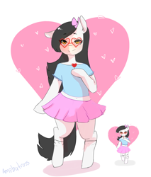 Size: 1700x2000 | Tagged: safe, artist:ampbatross, oc, oc only, earth pony, semi-anthro, bow, clothes, glasses, hair bow, heart, heart background, looking at you, redraw, shirt, signature, skirt, smiling, socks, solo, tail
