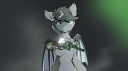 Size: 1916x1070 | Tagged: safe, artist:hovawant, oc, oc only, oc:hovawant, bat pony, pony, 3d, chest fluff, ear fluff, ear tufts, gmod, gray background, gun, simple background, solo, toolgun, weapon