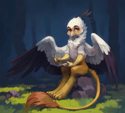 Size: 2048x1853 | Tagged: safe, artist:koviry, oc, oc:vistamage, bird, griffon, secretary bird, anthro, digitigrade anthro, colored wings, colored wingtips, commission, forest background, frown, griffon oc, leonine tail, notepad, pencil, sitting, spread wings, tail, wings, writing