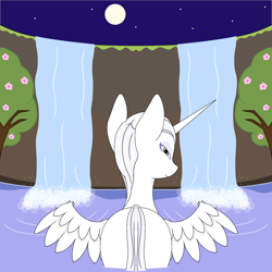 Size: 2000x2000 | Tagged: safe, oc, oc:κασσάνδρα, alicorn, pony, alicorn oc, butt, female, horn, looking back, plot, solo, spread wings, water, waterfall, wings