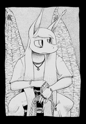 Size: 890x1280 | Tagged: safe, artist:darkhestur, oc, oc only, oc:dark, bat pony, anthro, anthro oc, bat pony oc, bracelet, clothes, ink, jewelry, male, monochrome, noose, pants, ring, rope, shirt, sitting, solo, stool, t-shirt, traditional art