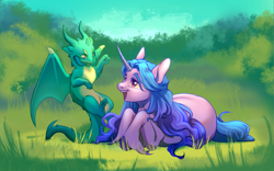 Size: 2427x1518 | Tagged: safe, artist:rowankitten, izzy moonbow, sparky sparkeroni, dragon, pony, unicorn, g5, duo, duo male and female, female, grass, grass field, horn, horns, looking at each other, looking at someone, lying down, male, open mouth, open smile, outdoors, prone, smiling, spread wings, tail, unshorn fetlocks, wings