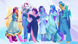 Size: 2560x1440 | Tagged: safe, artist:rowankitten, hitch trailblazer, izzy moonbow, misty brightdawn, pipp petals, sparky sparkeroni, sunny starscout, zipp storm, alicorn, dragon, earth pony, pegasus, unicorn, anthro, unguligrade anthro, crystal ball (episode), g5, my little pony: tell your tale, alternate hairstyle, arm grab, artificial horn, artificial wings, augmented, belt, bracelet, breasts, cape, cleavage, clothes, cornrows, crossed arms, dress, ear piercing, earring, eyes closed, eyeshadow, female, freckles, friendship bracelet, grin, group, hand on shoulder, hat, horn, horns, jacket, jewelry, magic, magic horn, magic wings, makeup, male, mane five, mane seven (g5), mane six (g5), mane stripe sunny, mare, necklace, pants, piercing, race swap, rebirth misty, shirt, skinny pipp, smiling, smirk, spread wings, stallion, suit, sunnycorn, tail, top hat, unshorn fetlocks, wings