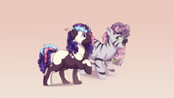 Size: 2560x1440 | Tagged: safe, artist:rowankitten, skye, violette rainbow, pony, unicorn, zebra, g5, dreadlocks, duo, duo female, female, filly, foal, gradient background, horn, looking at each other, looking at someone, open mouth, raised hoof, smiling, tail, vitiligo