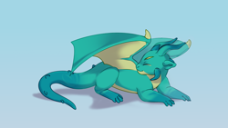 Size: 2560x1440 | Tagged: safe, artist:rowankitten, sparky sparkeroni, dragon, g5, eyes closed, gradient background, horns, lying down, male, older, older sparky sparkeroni, prone, smiling, solo, tail, wings