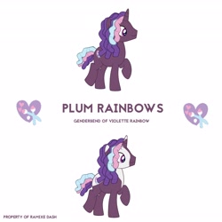 Size: 3600x3600 | Tagged: safe, artist:ramixe dash, violette rainbow, pony, unicorn, series:make your tale, series:make your tale season 2, g4, g5, concept, cutie mark, duo, g5 to g4, generation leap, male, older, plum rainbows, rule 63, simple background, stallion, text, white background