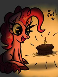 Size: 768x1024 | Tagged: safe, artist:scandianon, pinkie pie, earth pony, pony, g4, cake, candle, female, food, happy, mare, missing cutie mark, onomatopoeia, open mouth, open smile, plate, smiling, solo