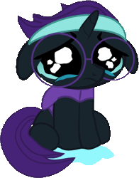 Size: 318x406 | Tagged: safe, artist:creshosk, part of a set, oc, oc only, oc:nyx, alicorn, pony, g4, alicorn oc, animated, clothes, crying, disguise, disguised eyes, emotional warfare, enchanted glasses, female, filly, floppy ears, foal, gif, glasses, hairband, headband, horn, illusion spell, puppy dog eyes, simple background, solo, tears of pain, tears of sadness, transparent background, vest, wings