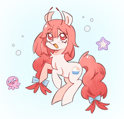 Size: 1280x1226 | Tagged: dead source, safe, artist:shrimpnurse, oc, oc only, earth pony, pony, antennae, blushing, bow, bubble, earth pony oc, female, hair bow, league of legends, mare, open mouth, open smile, ponysona, ponytail, raised hoof, rearing, smiling, sona, tail, tail bow, wingding eyes