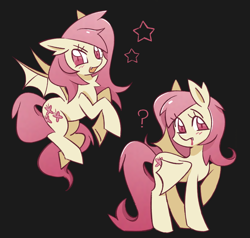 Size: 1280x1219 | Tagged: safe, artist:shrimpnurse, fluttershy, bat pony, pegasus, pony, g4, bat ponified, black background, blood, blushing, ear fluff, fangs, female, flutterbat, flying, folded wings, gradient mane, gradient tail, looking at you, mare, question mark, race swap, raised hoof, simple background, smiling, smiling at you, spread wings, standing, tail, wingding eyes, wings