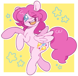 Size: 1280x1242 | Tagged: safe, artist:shrimpnurse, pinkie pie, pegasus, pony, g4, alternate design, blushing, eye clipping through hair, eyebrows, eyebrows visible through hair, female, mare, one eye closed, open mouth, open smile, pegasus pinkie pie, race swap, raised hoof, smiling, solo, spread wings, stars, wings, wink