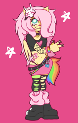 Size: 1103x1746 | Tagged: safe, artist:shrimpnurse, fluttershy, pegasus, anthro, plantigrade anthro, g4, alternate hairstyle, belly button, belt, boots, bracelet, choker, clothes, cutie mark tattoo, emo, fishnet clothing, folded wings, hair accessory, hair over one eye, jewelry, keychain, leg warmers, leggings, miniskirt, painted nails, panties, pink background, pony ears, scene, shoes, short shirt, simple background, skirt, smiling, socks, spiked choker, stars, tattoo, thong, torn clothes, underwear, wings