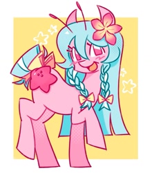 Size: 961x1094 | Tagged: safe, artist:shrimpnurse, oc, oc only, earth pony, pony, starfish, antennae, bow, braid, braided ponytail, earth pony oc, female, flower, flower in hair, hair bow, looking at you, mare, open mouth, open smile, ponytail, raised hoof, redesign, short tail, smiling, smiling at you, solo, standing, tail, tail bow