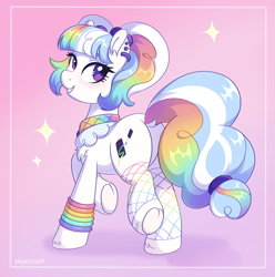 Size: 2377x2392 | Tagged: safe, artist:skysorbett, oc, oc only, oc:top coat, earth pony, pony, accessory, butt, earth pony oc, female, high res, looking at you, mare, multicolored hair, plot, rainbow hair, simple background, smiling, smiling at you, solo, underhoof