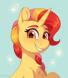 Size: 1834x2100 | Tagged: safe, artist:skysorbett, oc, oc only, oc:peach bubble, pony, unicorn, bust, chest fluff, eyebrows, horn, looking at you, not sunset shimmer, portrait, simple background, smiling, smiling at you, solo, sparkles, unicorn oc