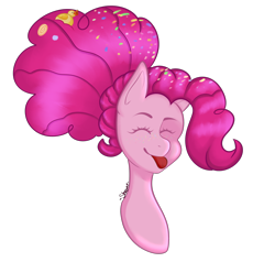 Size: 2224x2121 | Tagged: safe, artist:shqnnyhere, pinkie pie, earth pony, pony, g4, :p, bust, confetti, eyes closed, female, mare, older, older pinkie pie, simple background, smiling, solo, tongue out, transparent background