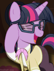 Size: 718x942 | Tagged: safe, artist:realdash, twilight sparkle, pony, unicorn, g4, alternate hairstyle, alternate timeline, alternate universe, bow, clothes, cute, eyes closed, female, glasses, golden oaks library, hoof on face, librarian, mare, milf, older, older twilight, open mouth, pantyhose, pixel art, show accurate, smiling, solo, twiabetes, unicorn twilight