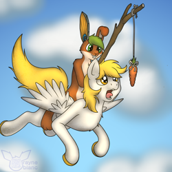 Size: 3000x3000 | Tagged: safe, artist:albinoraynedeer, oc, oc only, oc:general ryder, pegasus, pony, rabbit, animal, carrot on a stick, flying, furry, high res, open mouth, riding, riding a pony