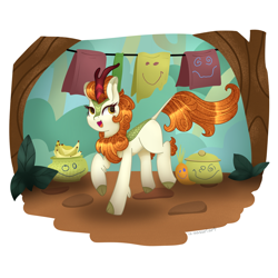 Size: 3000x3000 | Tagged: safe, artist:aasuri-art, autumn blaze, kirin, g4, sounds of silence, awwtumn blaze, cloven hooves, cute, dancing, forest, forest background, glowing, glowing eyes, glowing mane, golden eyes, high res, light skin, nature, solo, tree