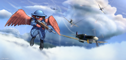 Size: 5750x2753 | Tagged: safe, artist:crazy water, oc, unnamed oc, pegasus, pony, equestria at war mod, bullet, clothes, cloud, dogfight, female, fighter, gun, gunfire, high res, implied changeling, mare, plane, rifle, supermarine spitfire, uniform, weapon, world war ii