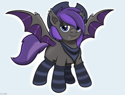 Size: 3300x2500 | Tagged: safe, artist:alcosaurus, oc, oc only, bat pony, pony, bandana, cigarette, clothes, cowboy hat, ear piercing, hat, high res, piercing, simple background, smiling, socks, solo, spread wings, striped socks, white background, wings