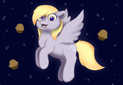 Size: 6500x4500 | Tagged: safe, artist:alcosaurus, derpy hooves, pegasus, pony, g4, absurd resolution, cute, female, food, hair over one eye, mare, muffin, open mouth, open smile, smiling, solo, space, spread wings, wings