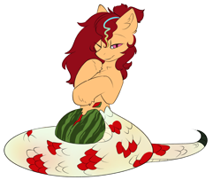 Size: 1788x1450 | Tagged: safe, artist:beardie, oc, oc only, oc:anya heartsqueeze, lamia, original species, snake, snake pony, coiling, coils, crushing, female, food, fruit, red eyes, simple background, solo, transparent background, watermelon, watermelon crush