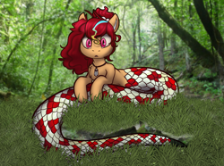 Size: 1833x1361 | Tagged: safe, artist:sondy, oc, oc only, oc:anya heartsqueeze, lamia, original species, snake, snake pony, belly button, fangs, female, forest, forest background, hair tie, jewelry, nature, necklace, ponytail, real life background, red eyes, solo, tree