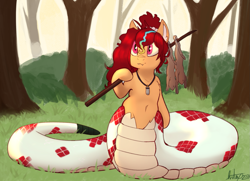 Size: 1493x1080 | Tagged: safe, artist:sondy, oc, oc only, oc:anya heartsqueeze, lamia, original species, rabbit, snake, snake pony, animal, belly button, corpse, fangs, female, forest, hair tie, hunting, jewelry, nature, necklace, outdoors, red eyes, red mane, solo, spear, tree, weapon